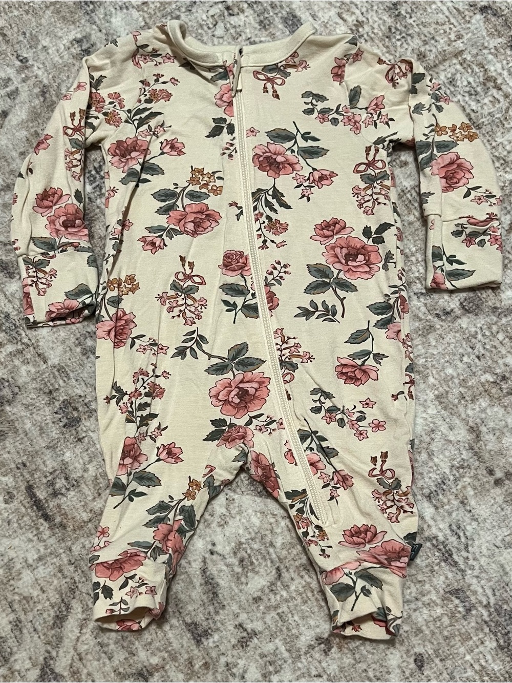 Cream Floral Zip One-Piece with Pink Roses